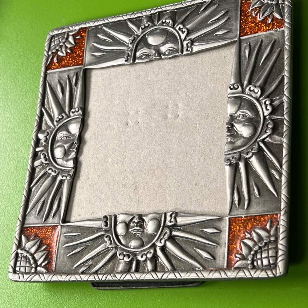 Photo FRAME small 3” matte silver SUN FACE orange accent square metal 70s vibe